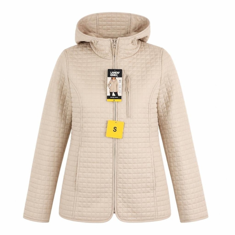 Lands End Jacket Womens S Quilted Tan Hooded Full Zip Lightweight New Mock Neck